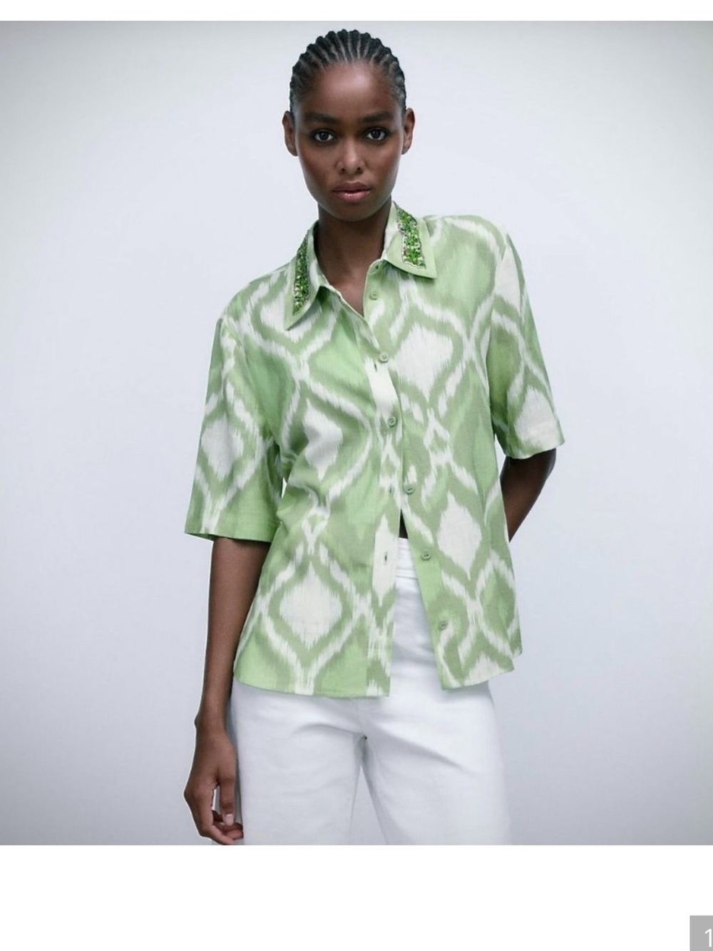 NEW Zara M Ikat green linen blend beaded hidden button contemporary blouse boho
